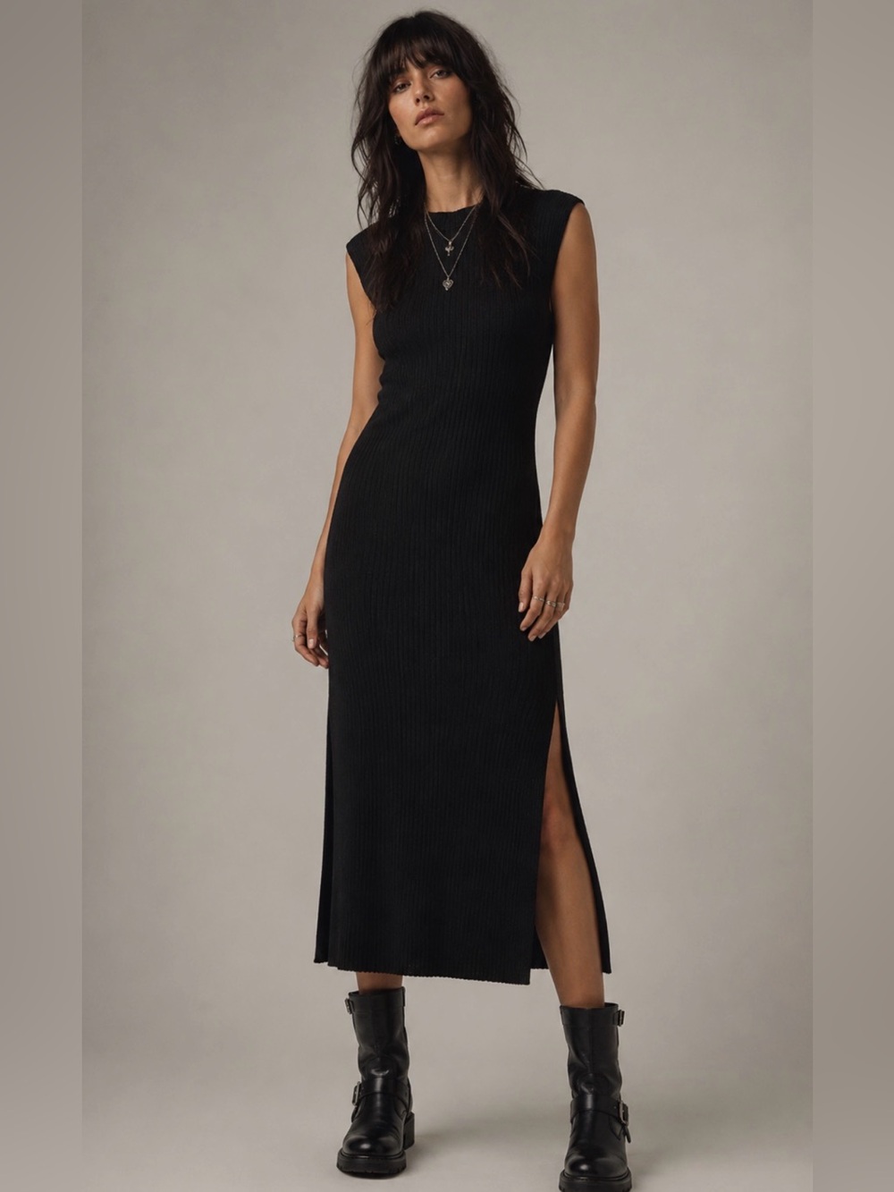 VINCE Black Ribbed Knit Midi Dress | Size L | stretch knit.